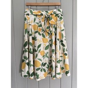 Belle Poque Lemon Print Skirt L Large Yellow Green White A-Line Knee Length Bow